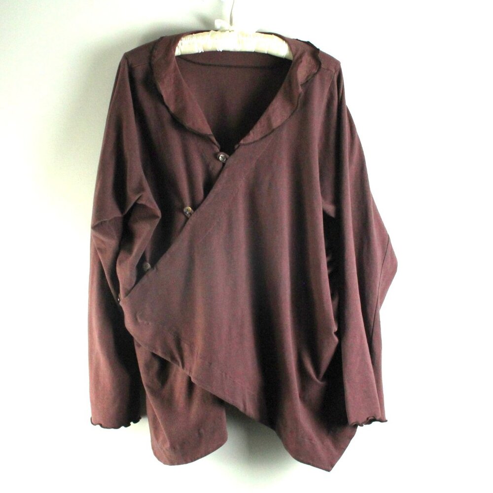 Bluefish Brown Draping Crossover Asymmetrical Side Button Long Sleeve Top 1